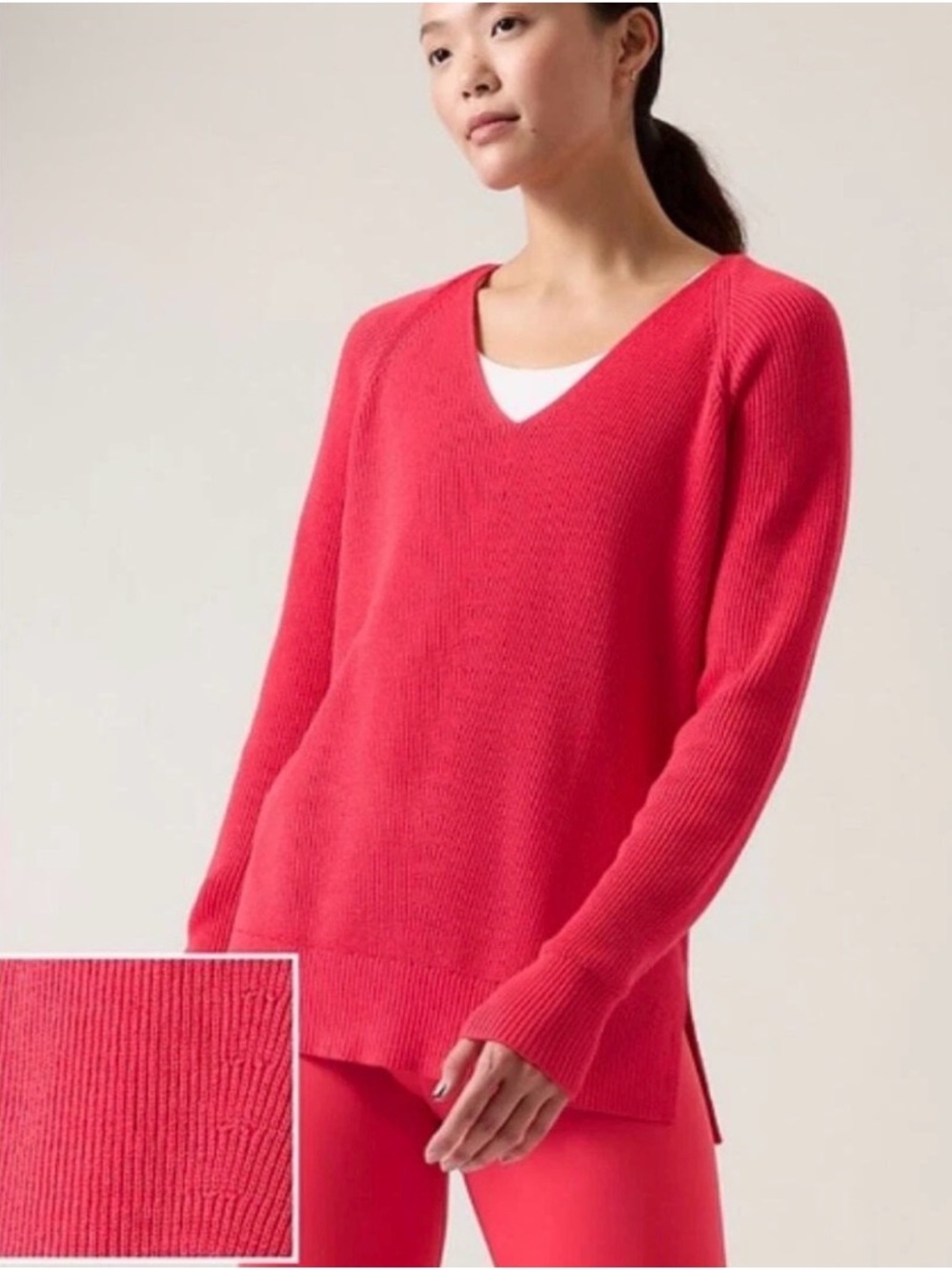 Athleta Hanover Refined V Neck Sweater Size S Pink Merino Wool Pullover Outdoor